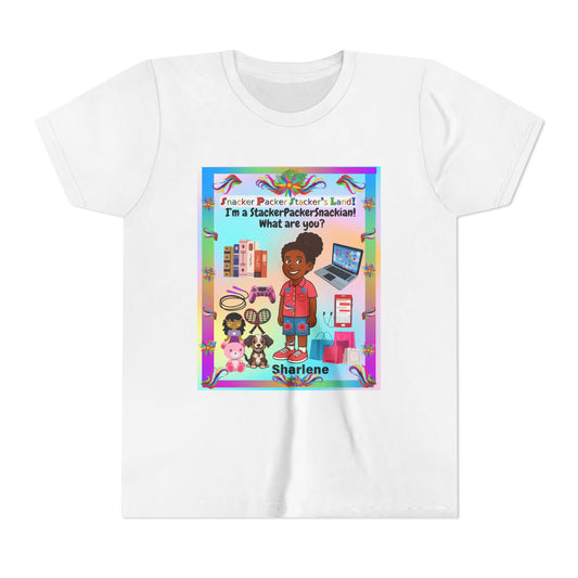 Youth Tee — "StackerPackerSnackman" Rainbow Travel & Adventure Kids T‑Shirt
