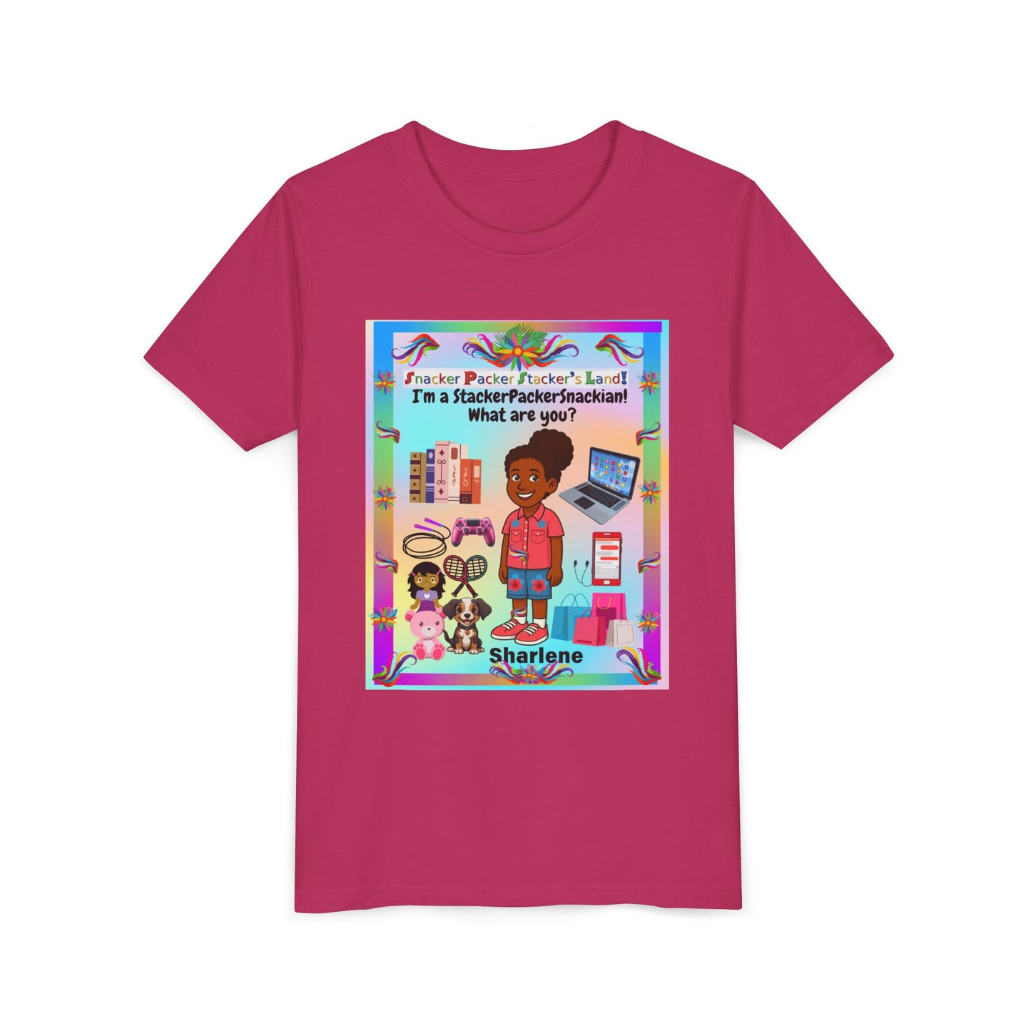 Youth Tee — "StackerPackerSnackman" Rainbow Travel & Adventure Kids T‑Shirt
