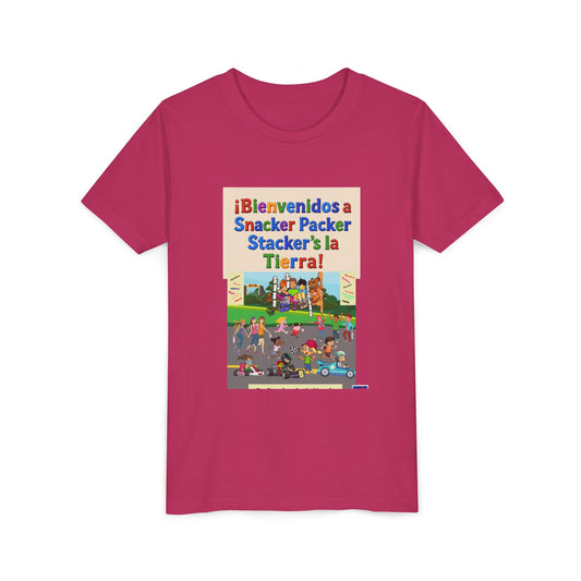 Youth Tee - (Spanish) "¡Bienvenidos a Snacker Packer Stacker's la Tierra!" Colorful Bilingual Kids Shirt