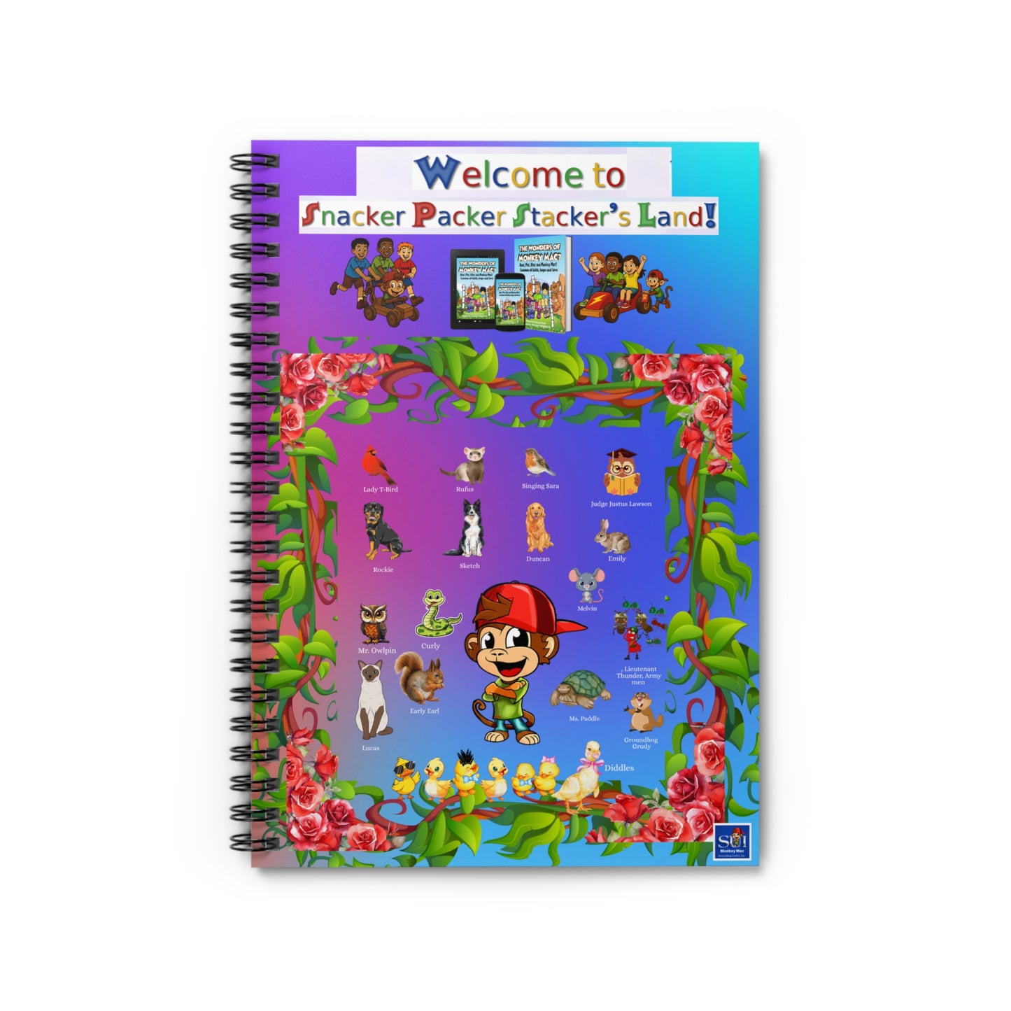 Welcome to Snacker Packer Stacker's Land Spiral Notebook — Cute Cartoon Character Ruled Journal