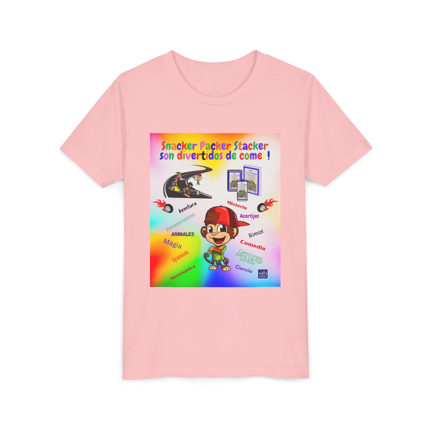 Youth Tee — (Spanish) Colorful Snack Design (“Snacker Packer Stacker son divertidos de come!”)