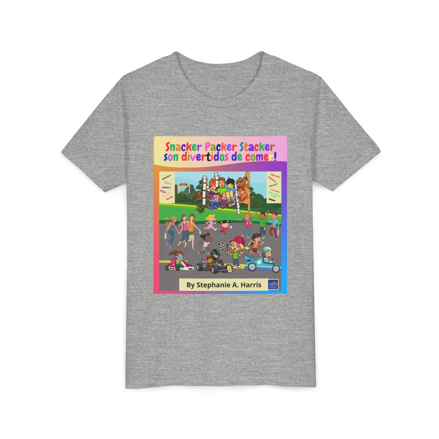 Youth Tee - (Spanish) — "Snacker Packer Stacker: Son divertidos de comer" Illustrated Kids Book Cover Shirt