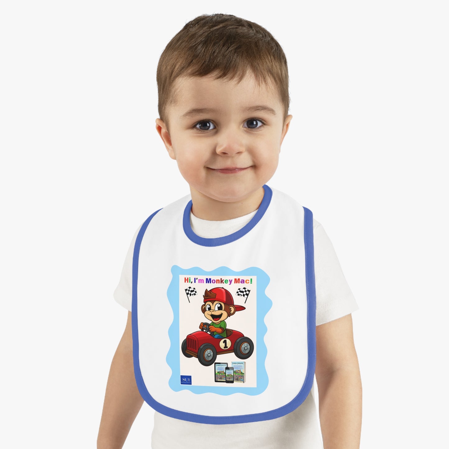 Fun Cartoon Baby Bib - 'Hi, I'm Monkey Mac!' Design