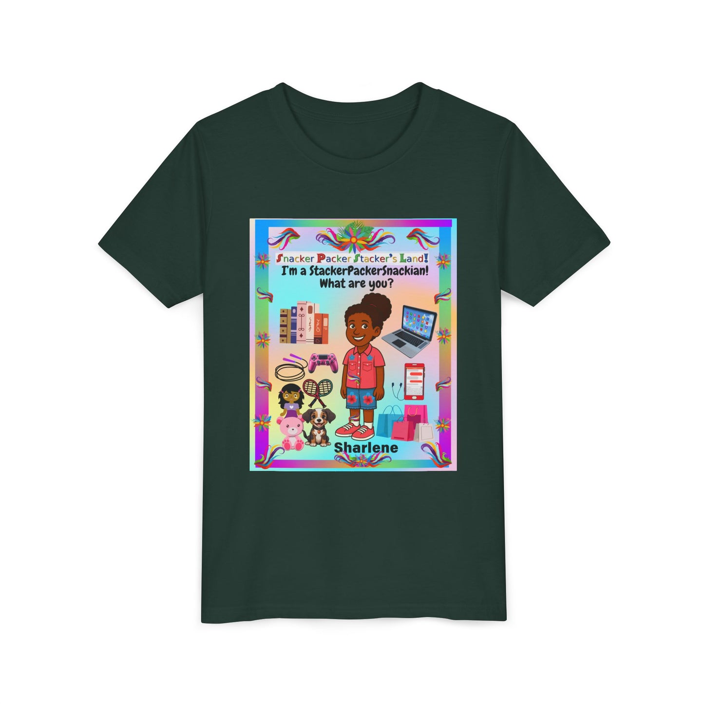 Youth Tee — "StackerPackerSnackman" Rainbow Travel & Adventure Kids T‑Shirt