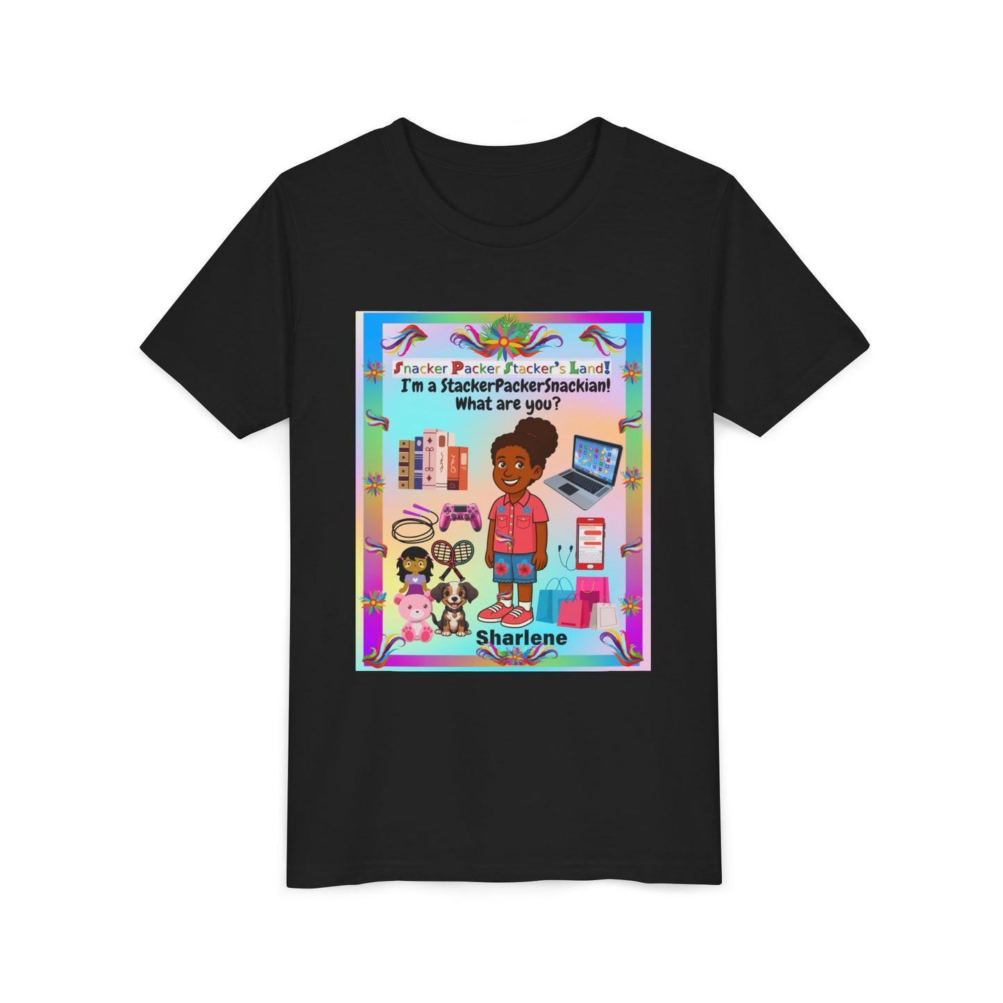 Youth Tee — "StackerPackerSnackman" Rainbow Travel & Adventure Kids T‑Shirt