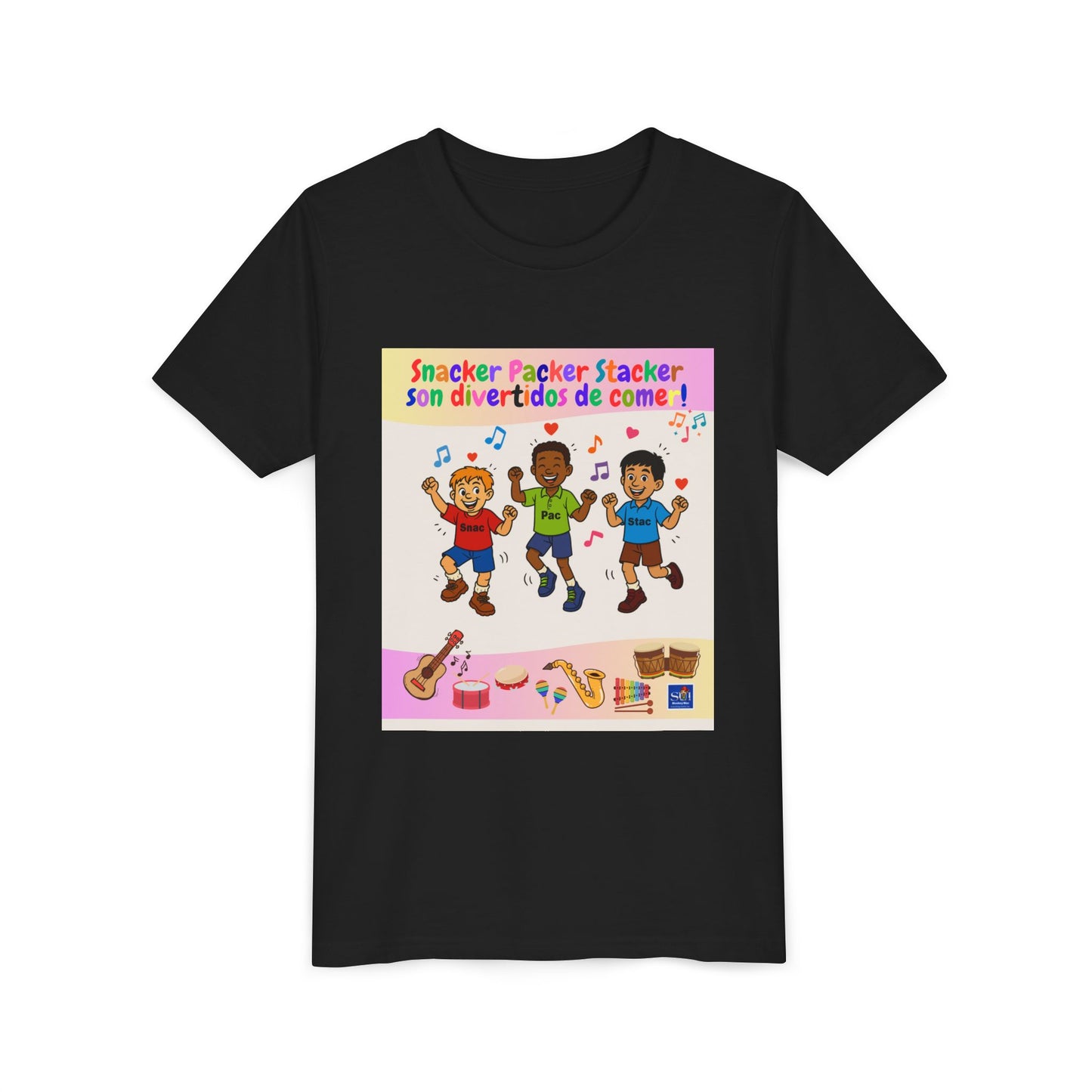 Youth Tee - (Spanish) – "Snacker Packer Stacker" Colorful Music & Dance Kids Shirt