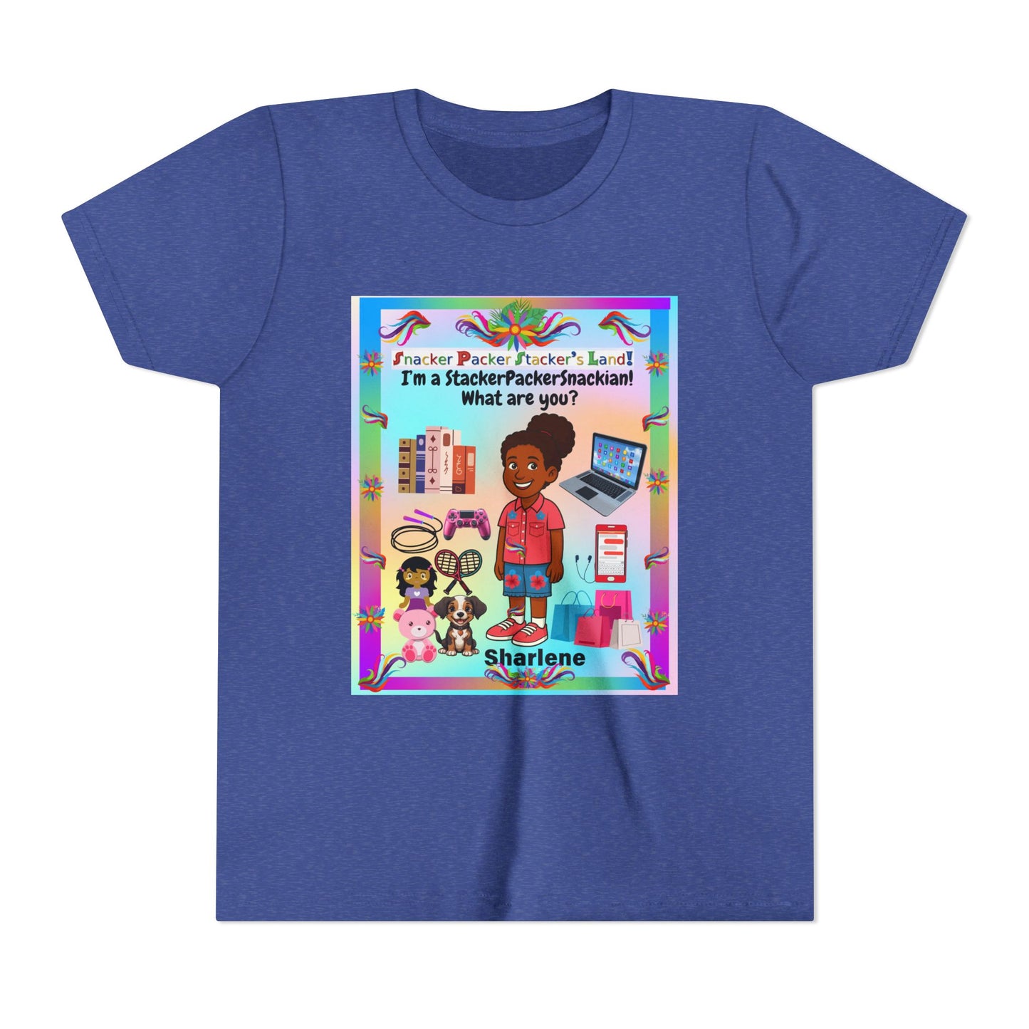 Youth Tee — "StackerPackerSnackman" Rainbow Travel & Adventure Kids T‑Shirt