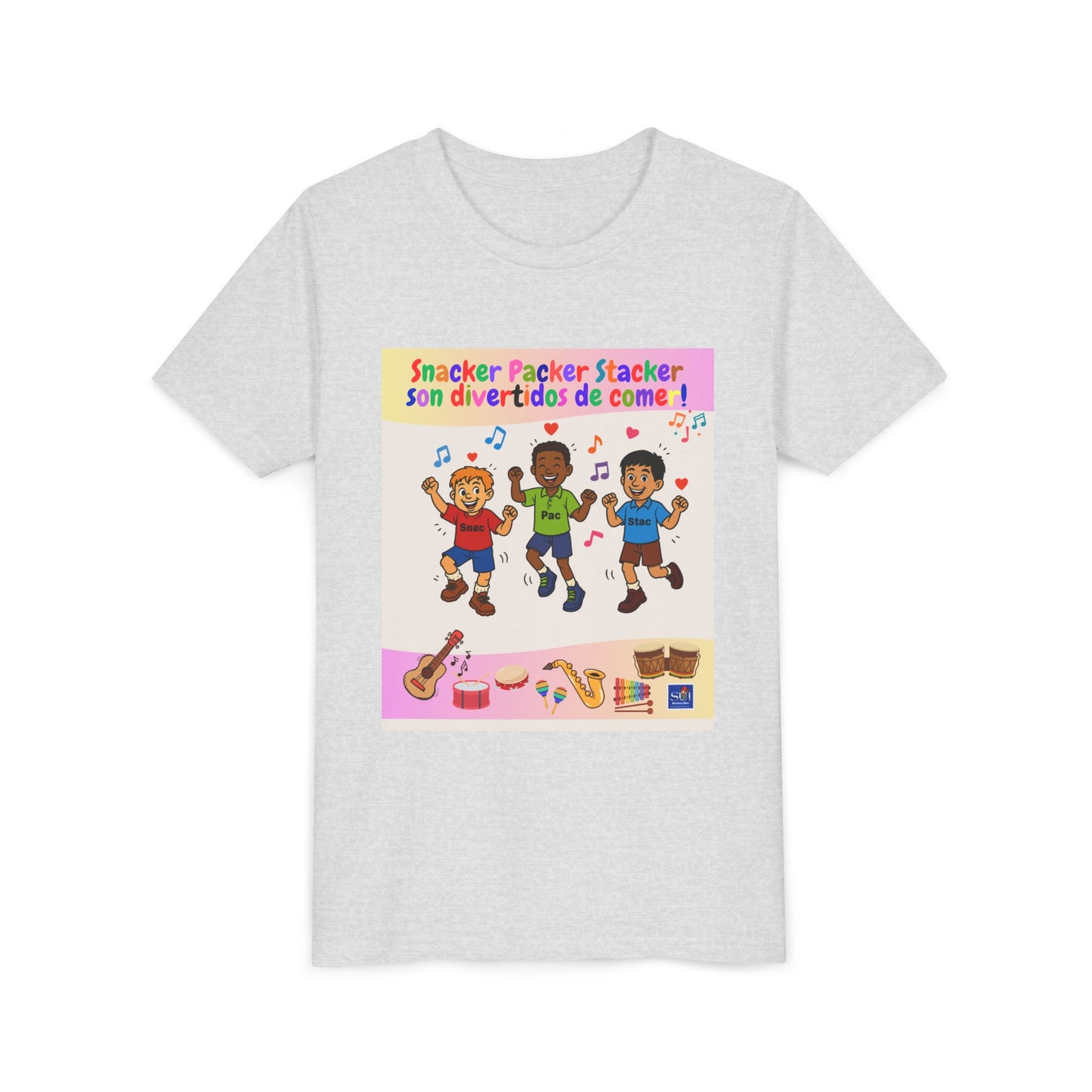 Youth Tee - (Spanish) – "Snacker Packer Stacker" Colorful Music & Dance Kids Shirt