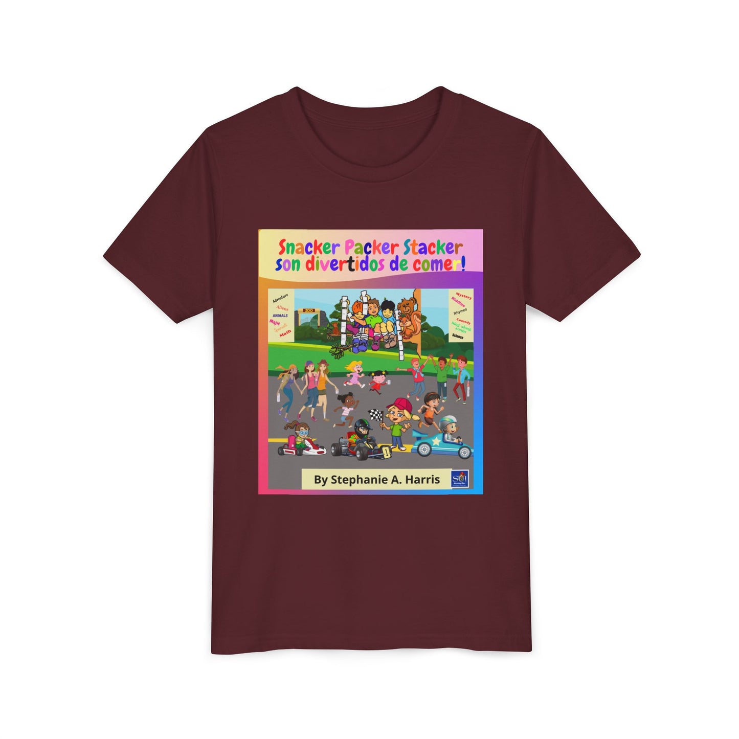 Youth Tee - (Spanish) — "Snacker Packer Stacker: Son divertidos de comer" Illustrated Kids Book Cover Shirt