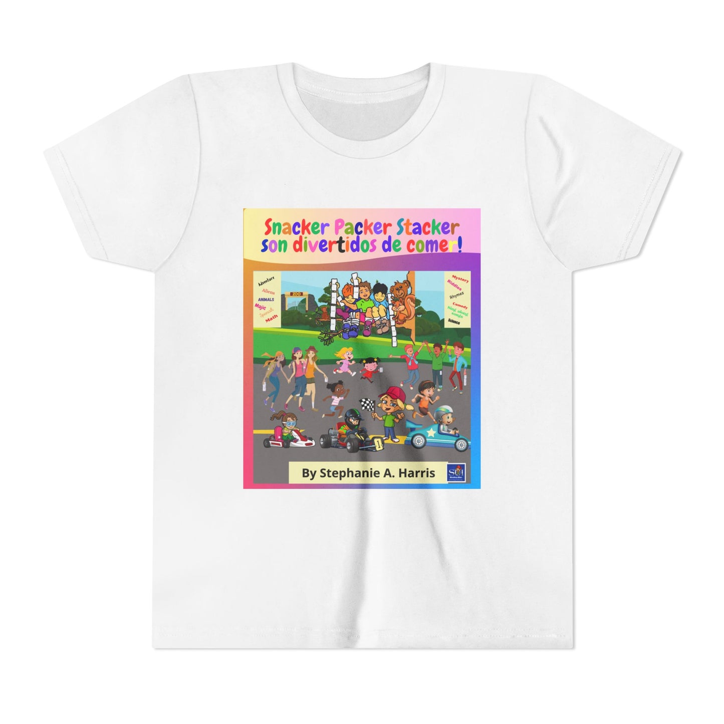 Youth Tee - (Spanish) — "Snacker Packer Stacker: Son divertidos de comer" Illustrated Kids Book Cover Shirt