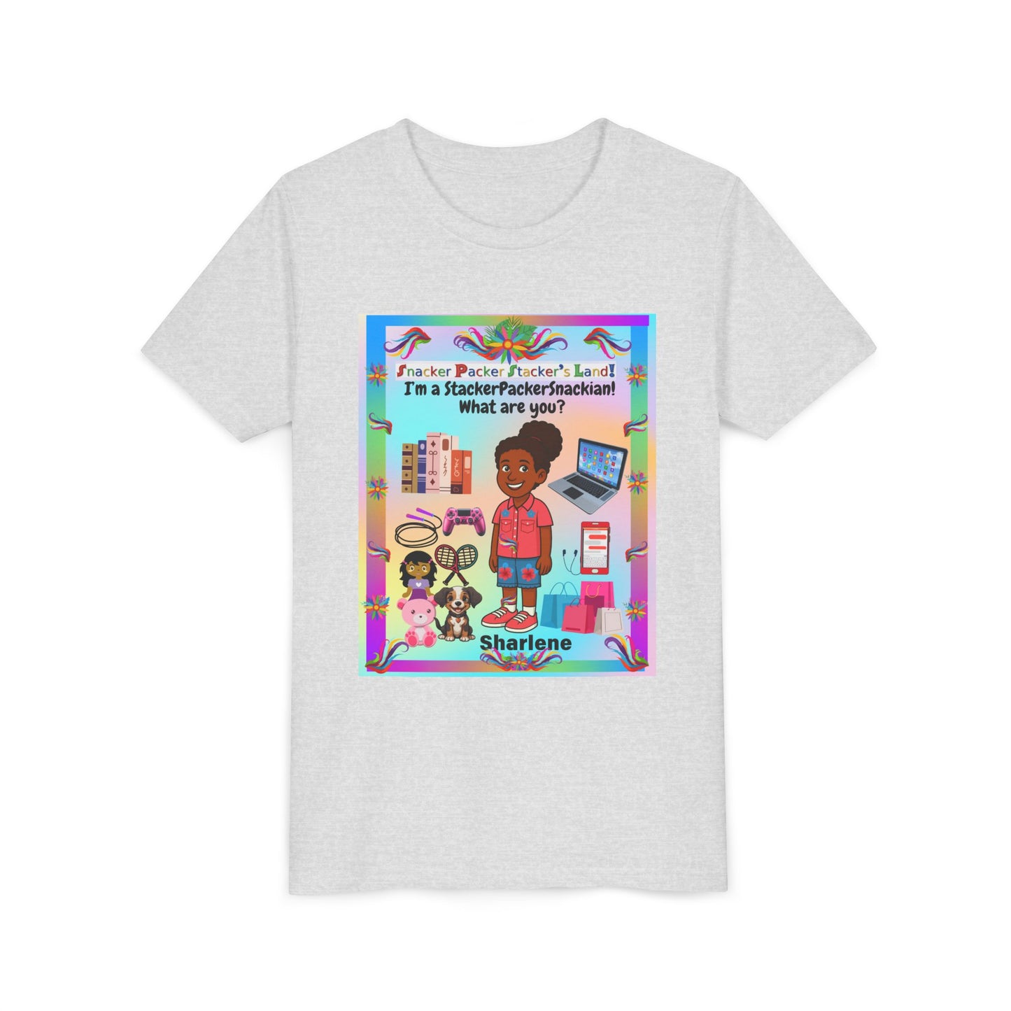 Youth Tee — "StackerPackerSnackman" Rainbow Travel & Adventure Kids T‑Shirt