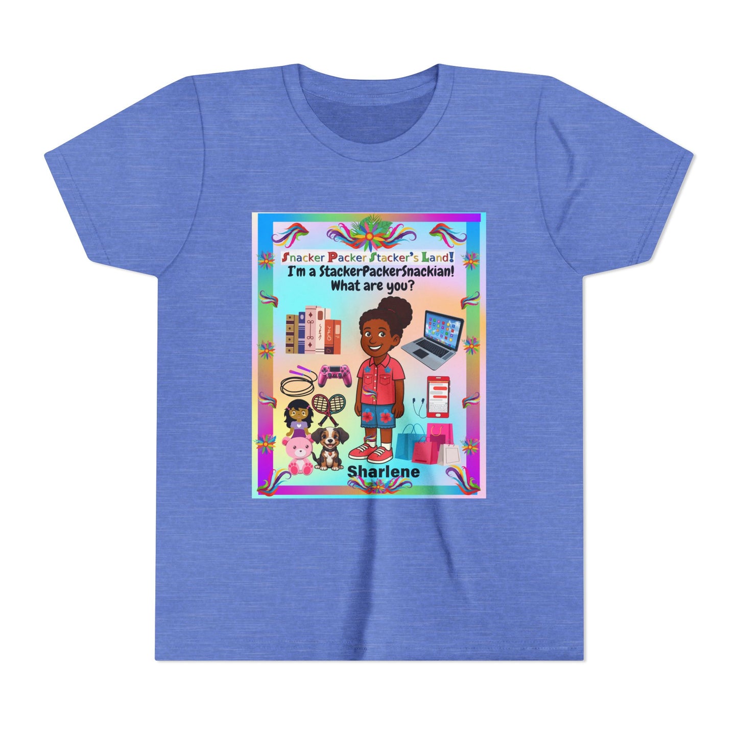 Youth Tee — "StackerPackerSnackman" Rainbow Travel & Adventure Kids T‑Shirt