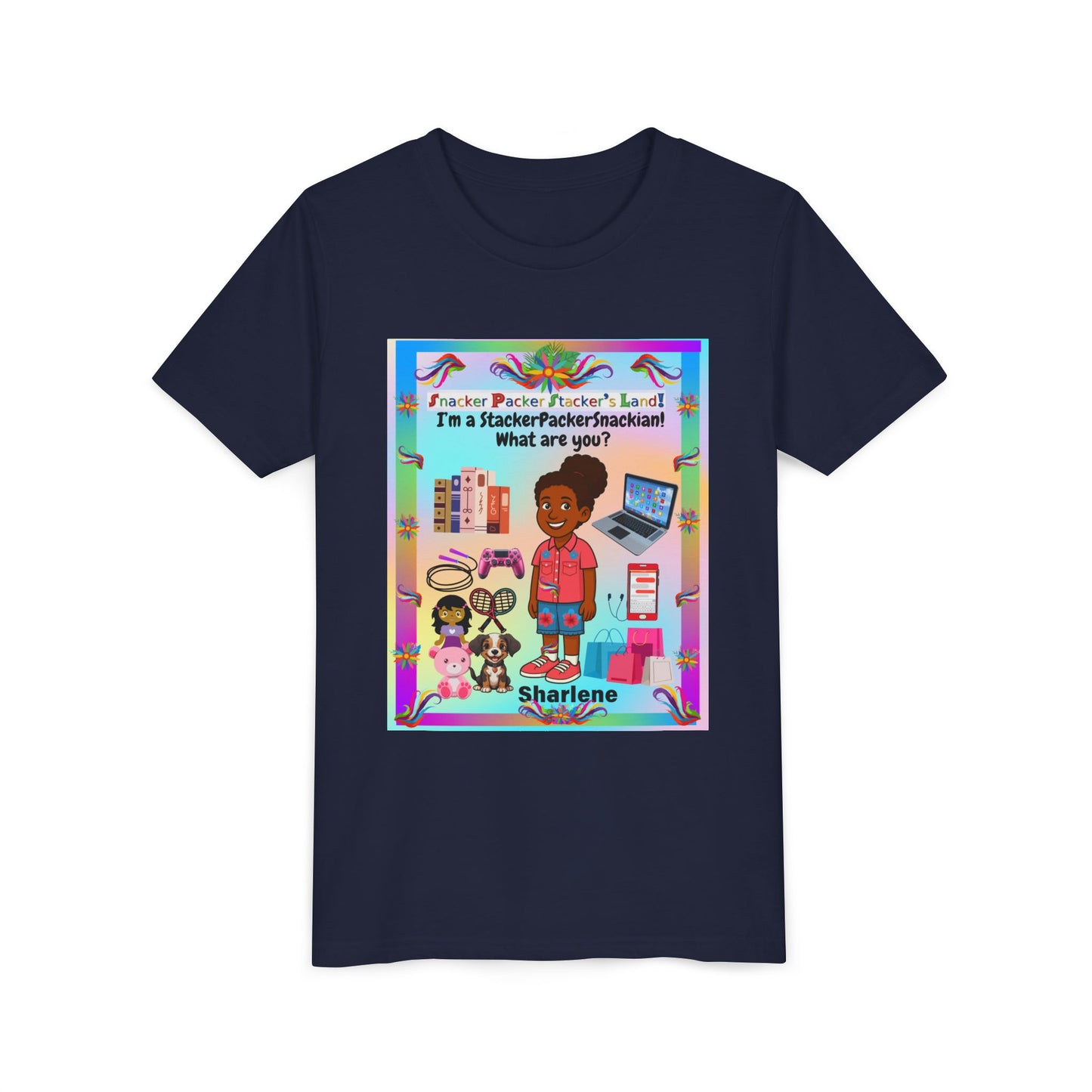 Youth Tee — "StackerPackerSnackman" Rainbow Travel & Adventure Kids T‑Shirt