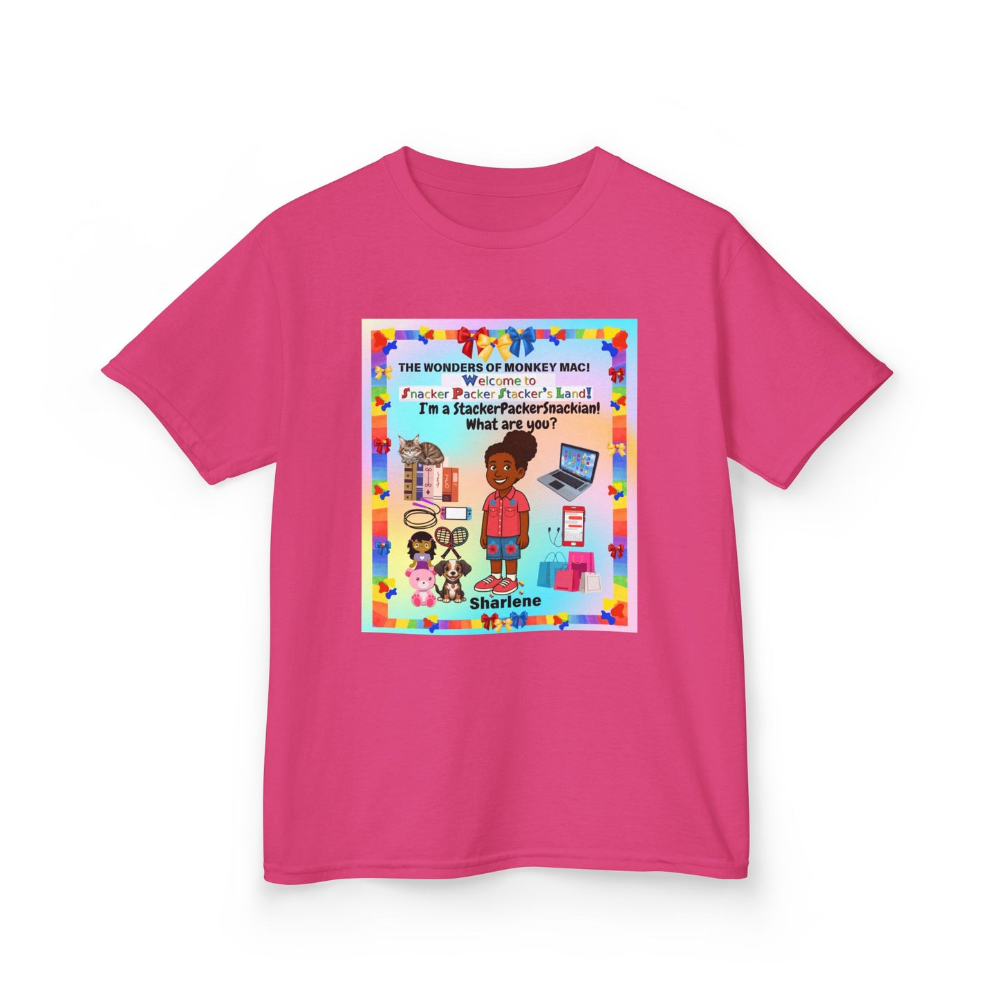 Youth Tee — "StackerPackerSnackman" Rainbow Travel & Adventure Kids T‑Shirt