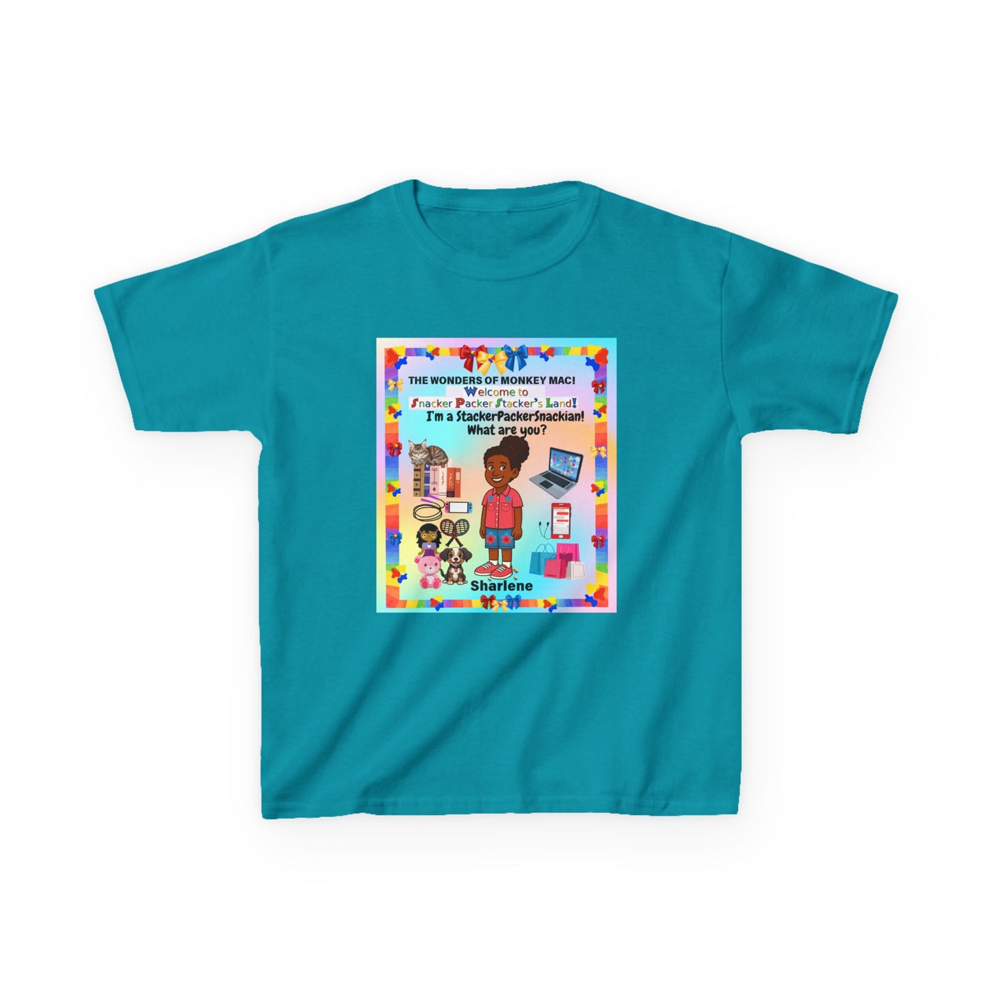 Youth Tee — "StackerPackerSnackman" Rainbow Travel & Adventure Kids T‑Shirt