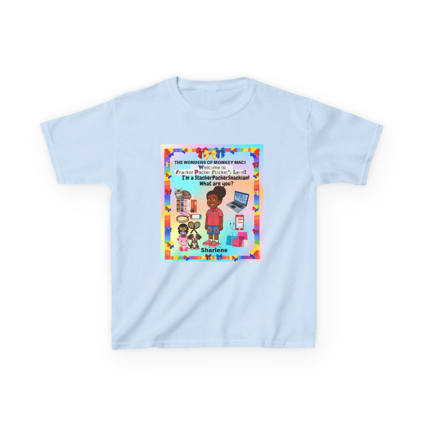 Youth Tee — "StackerPackerSnackman" Rainbow Travel & Adventure Kids T‑Shirt