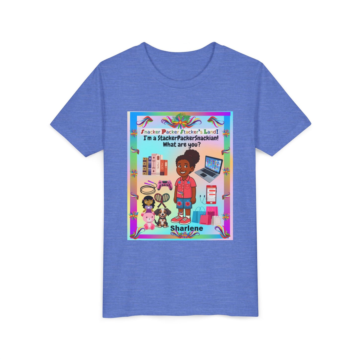 Youth Tee — "StackerPackerSnackman" Rainbow Travel & Adventure Kids T‑Shirt