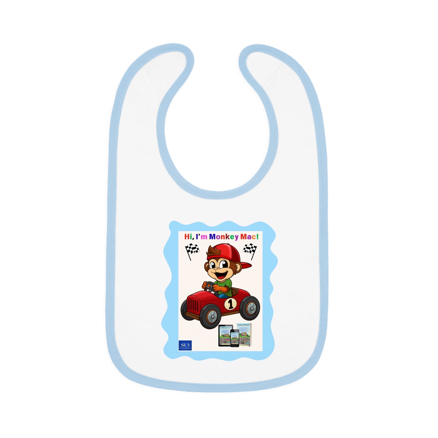 Fun Cartoon Baby Bib - 'Hi, I'm Monkey Mac!' Design