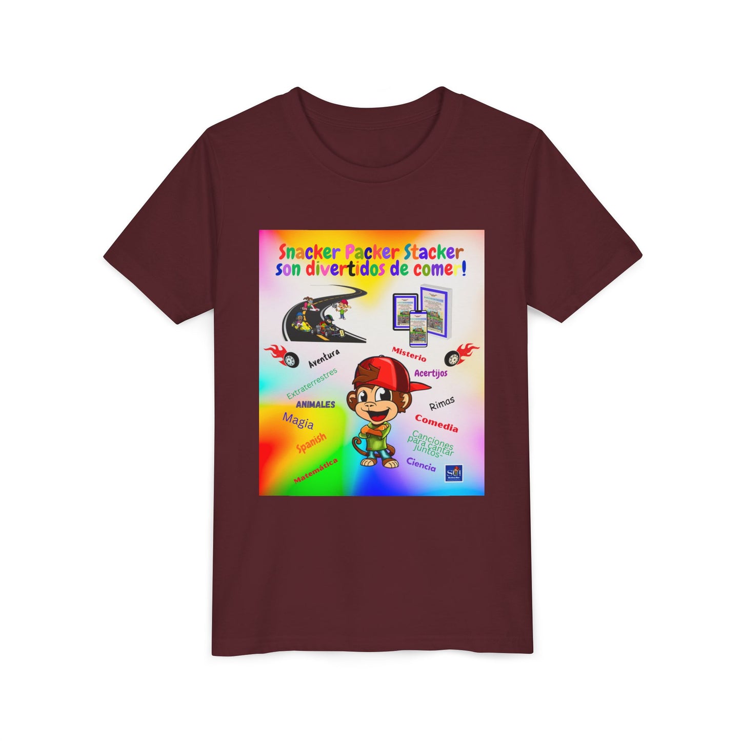 Youth Tee — (Spanish) Colorful Snack Design (“Snacker Packer Stacker son divertidos de come!”)