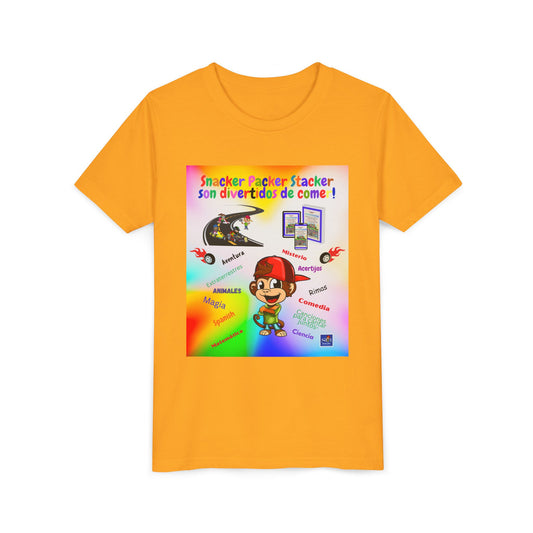 Youth Tee — (Spanish) Colorful Snack Design (“Snacker Packer Stacker son divertidos de come!”)