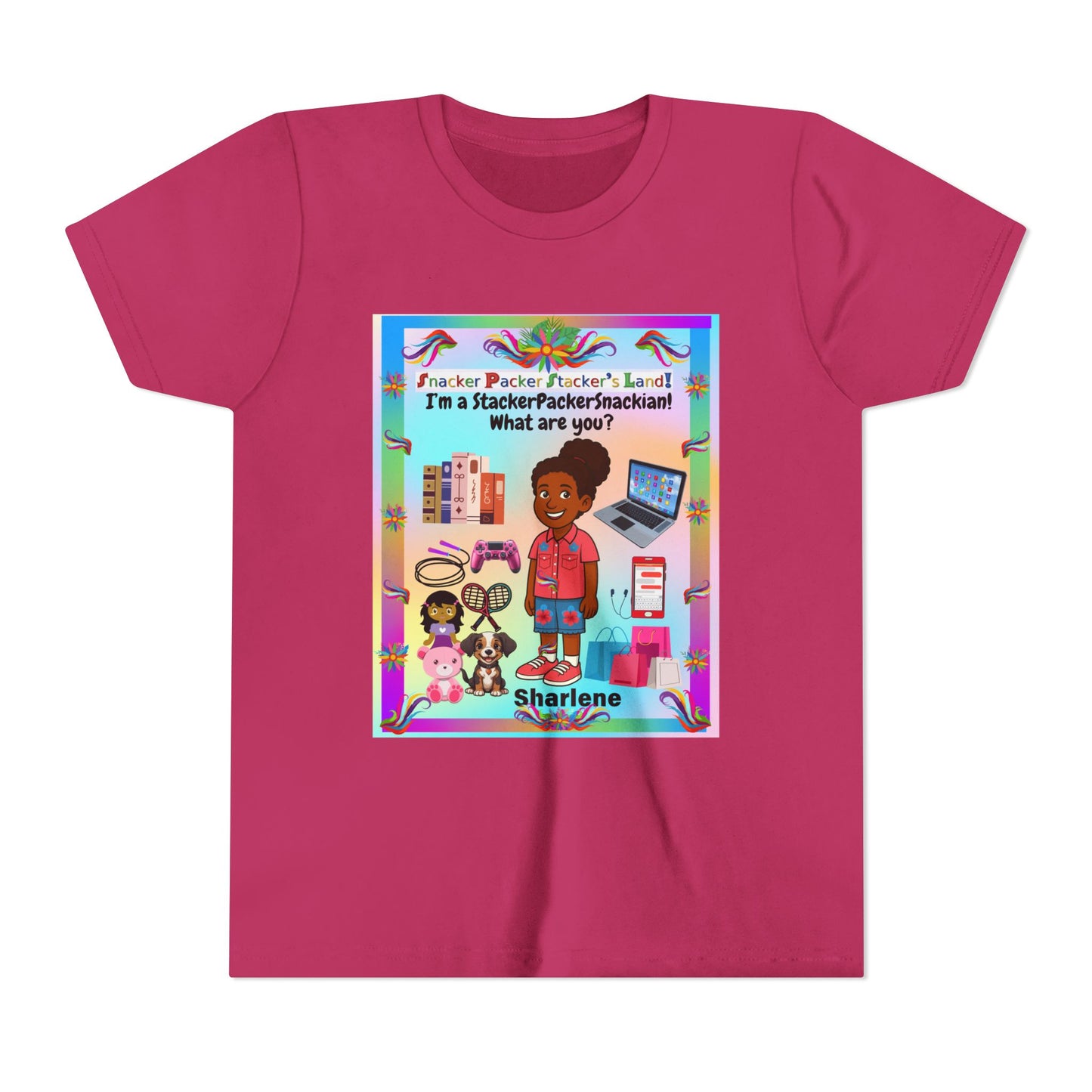 Youth Tee — "StackerPackerSnackman" Rainbow Travel & Adventure Kids T‑Shirt