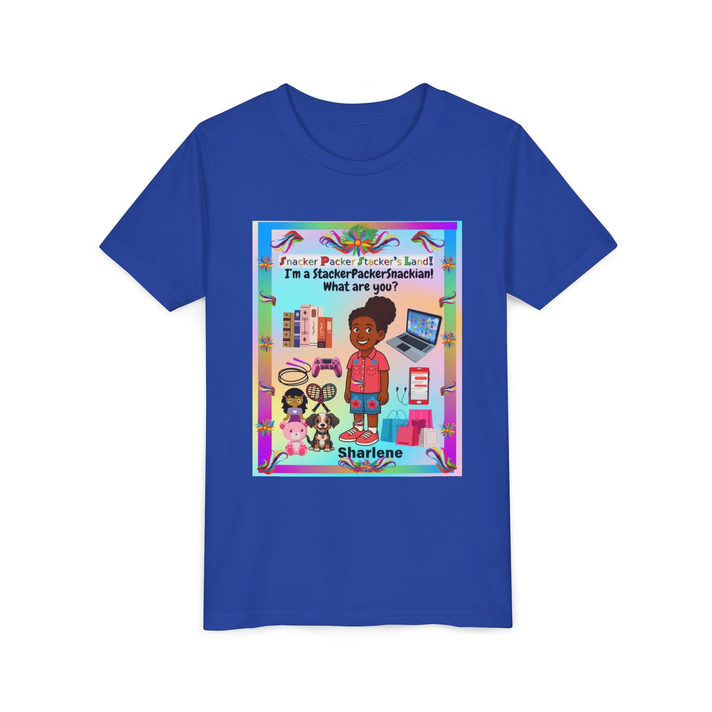 Youth Tee — "StackerPackerSnackman" Rainbow Travel & Adventure Kids T‑Shirt