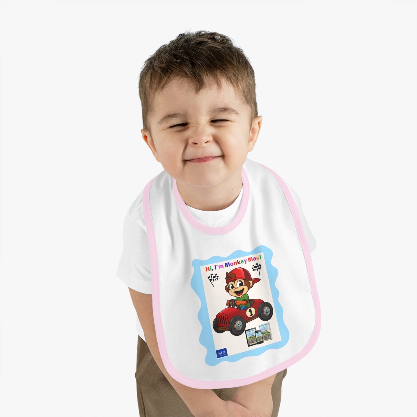 Fun Cartoon Baby Bib - 'Hi, I'm Monkey Mac!' Design
