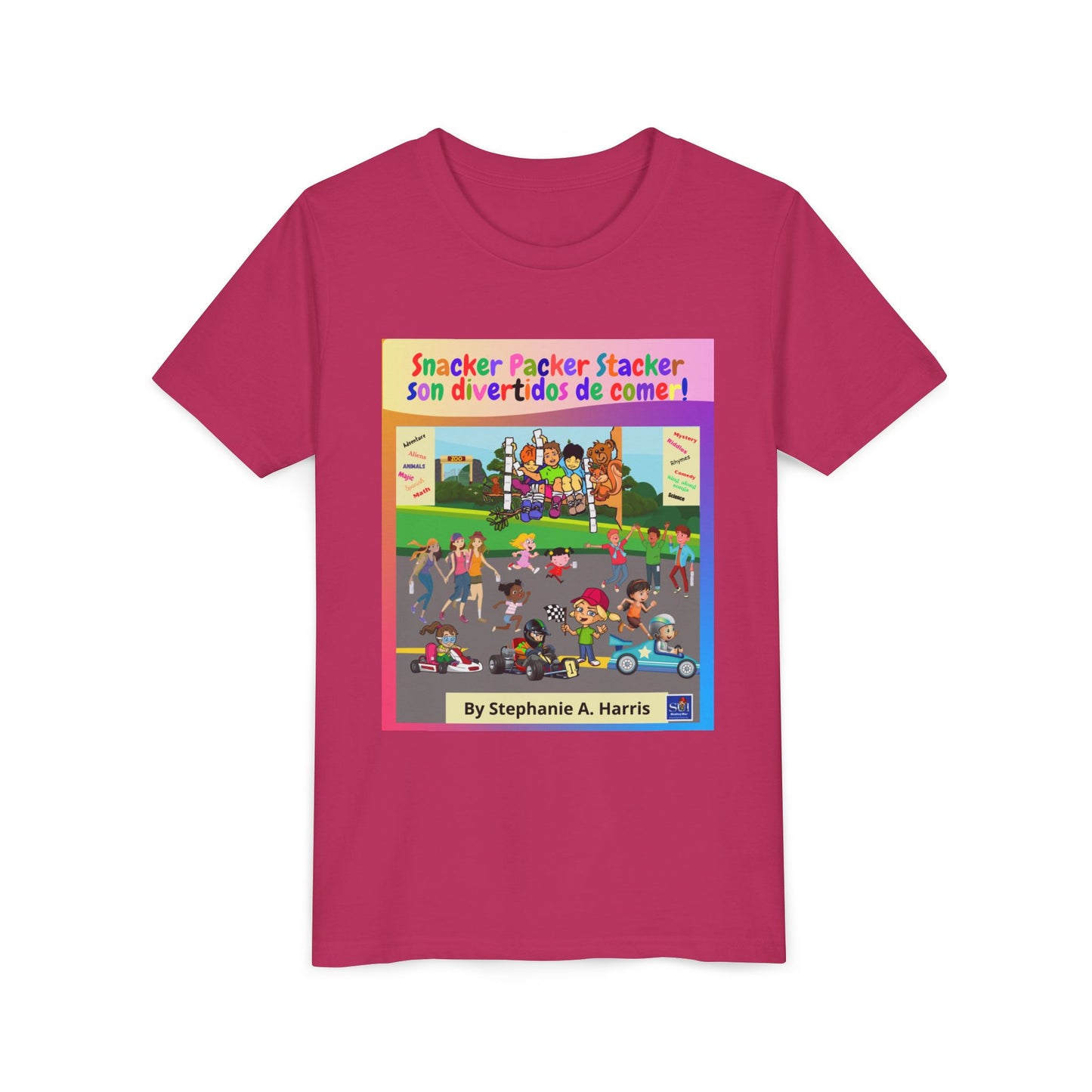 Youth Tee - (Spanish) — "Snacker Packer Stacker: Son divertidos de comer" Illustrated Kids Book Cover Shirt
