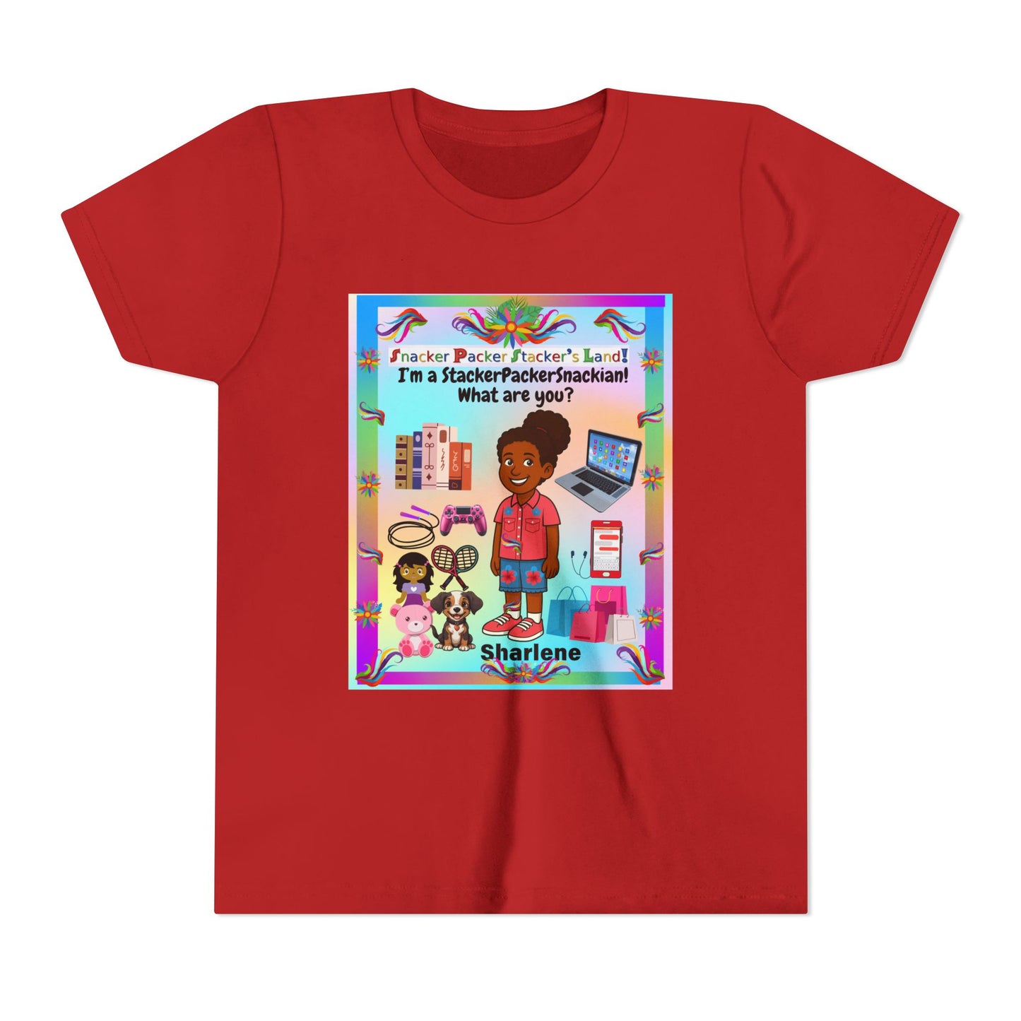 Youth Tee — "StackerPackerSnackman" Rainbow Travel & Adventure Kids T‑Shirt