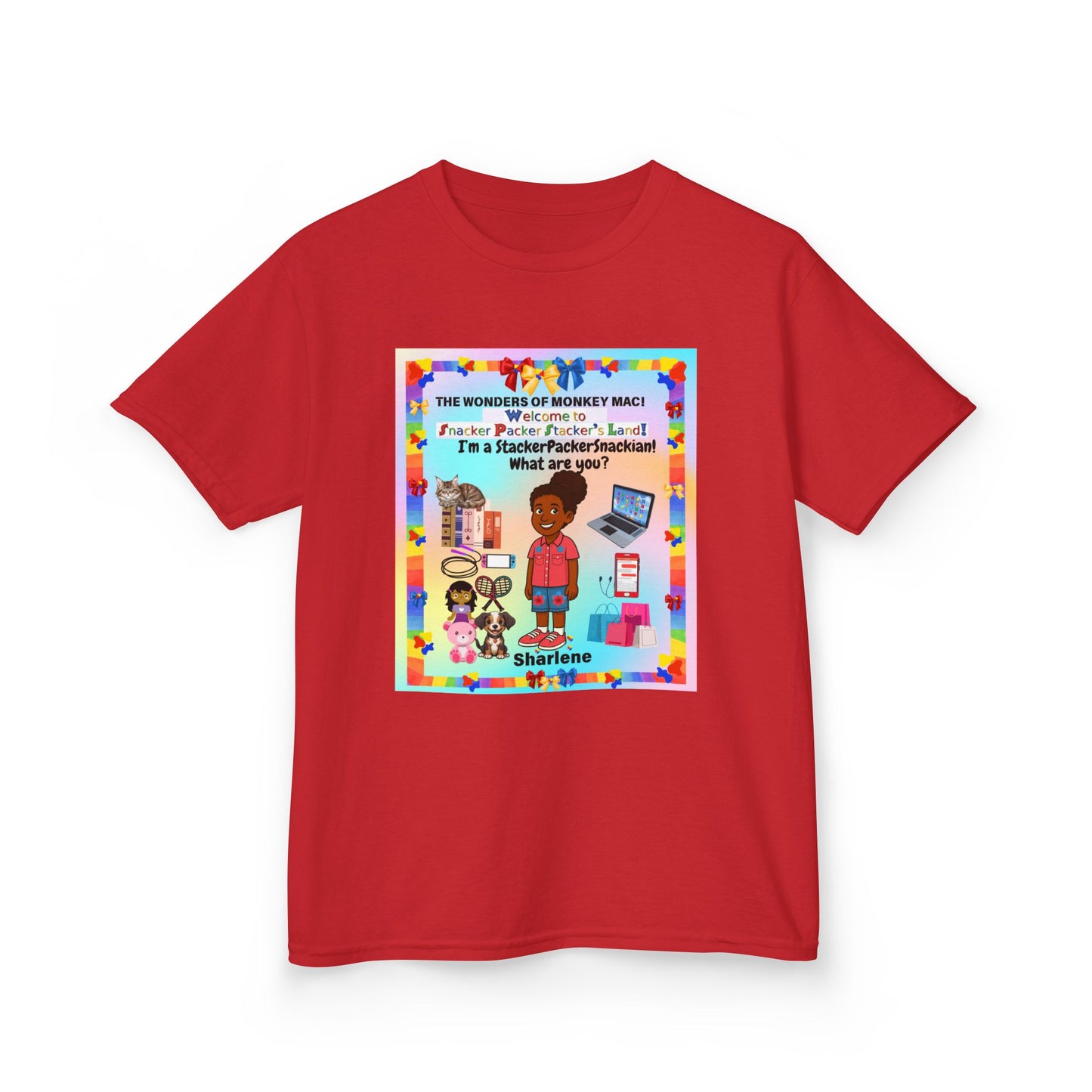 Youth Tee — "StackerPackerSnackman" Rainbow Travel & Adventure Kids T‑Shirt