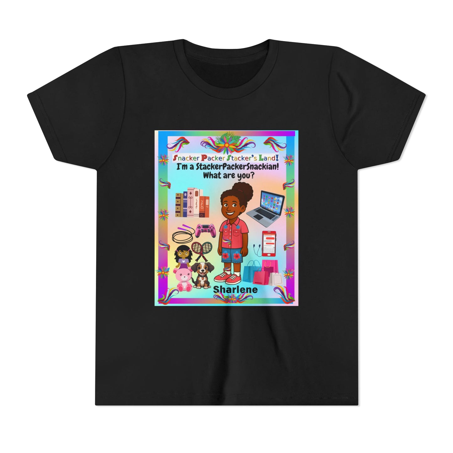 Youth Tee — "StackerPackerSnackman" Rainbow Travel & Adventure Kids T‑Shirt
