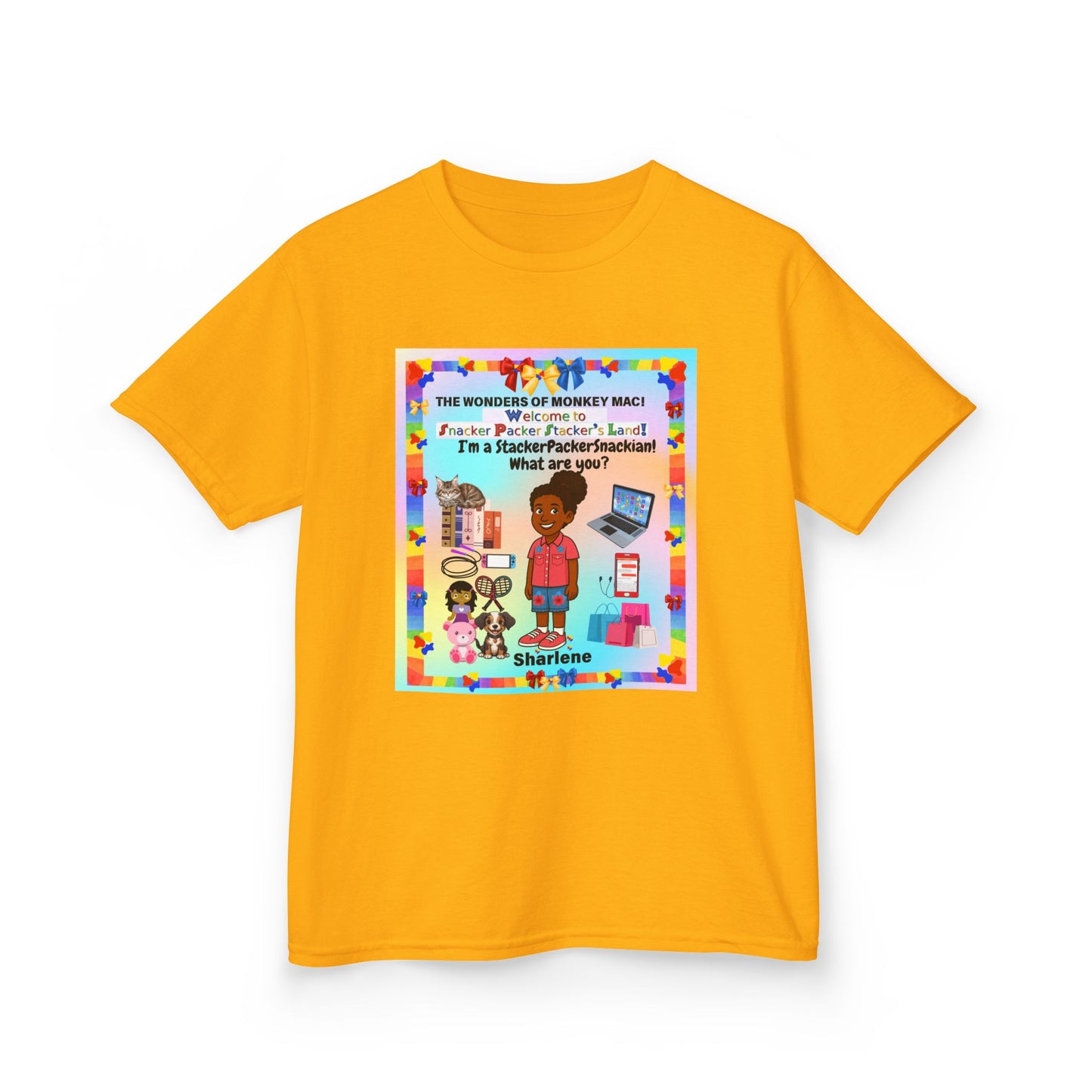 Youth Tee — "StackerPackerSnackman" Rainbow Travel & Adventure Kids T‑Shirt