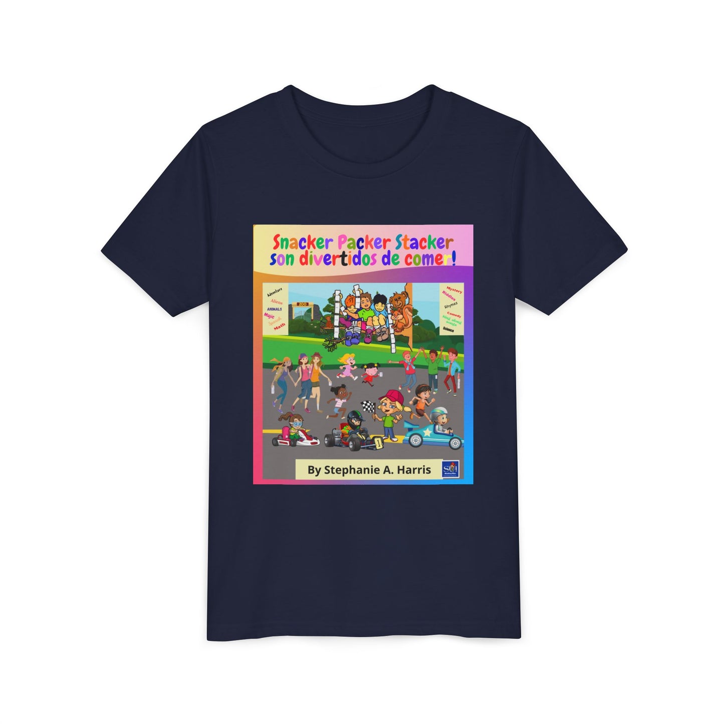 Youth Tee - (Spanish) — "Snacker Packer Stacker: Son divertidos de comer" Illustrated Kids Book Cover Shirt