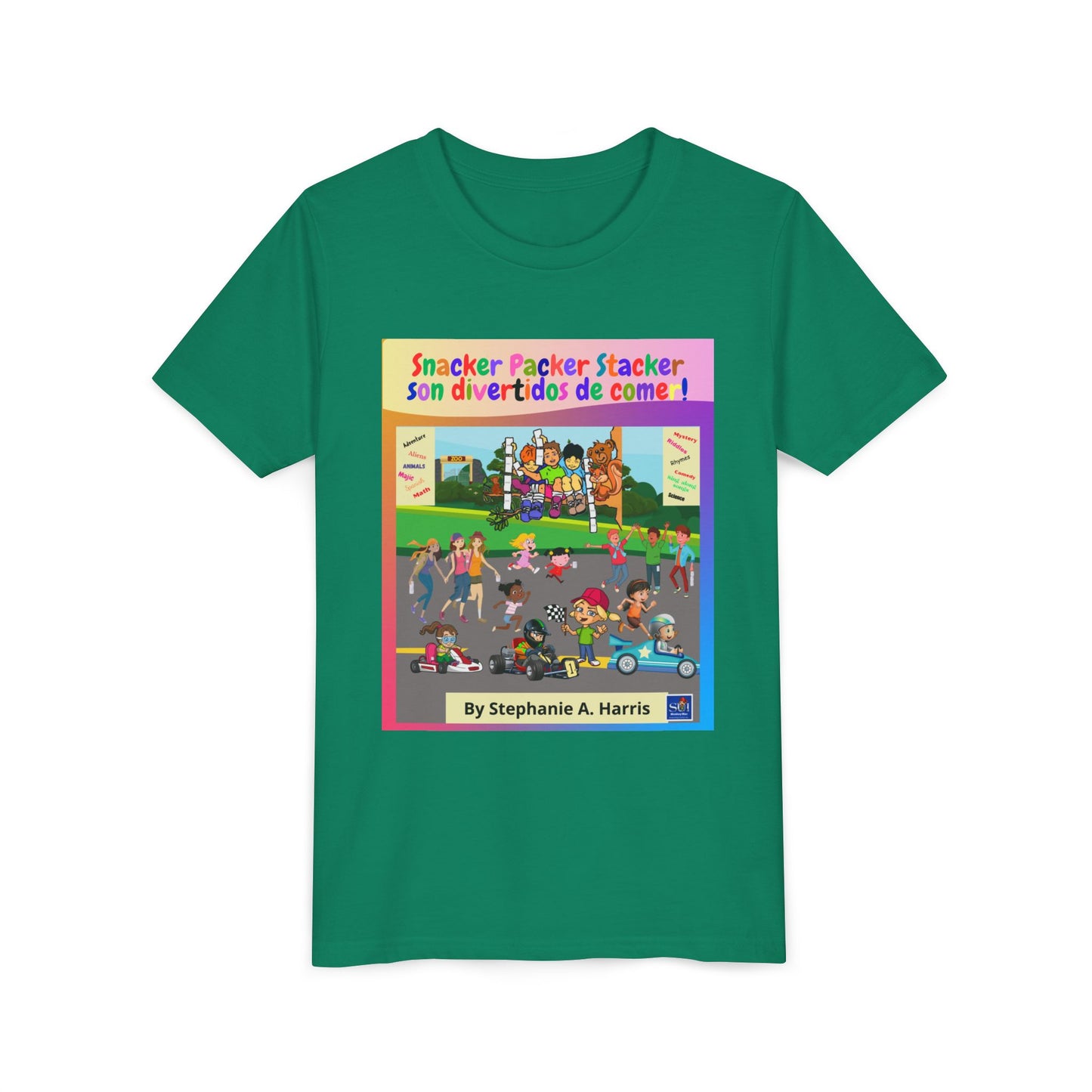 Youth Tee - (Spanish) — "Snacker Packer Stacker: Son divertidos de comer" Illustrated Kids Book Cover Shirt