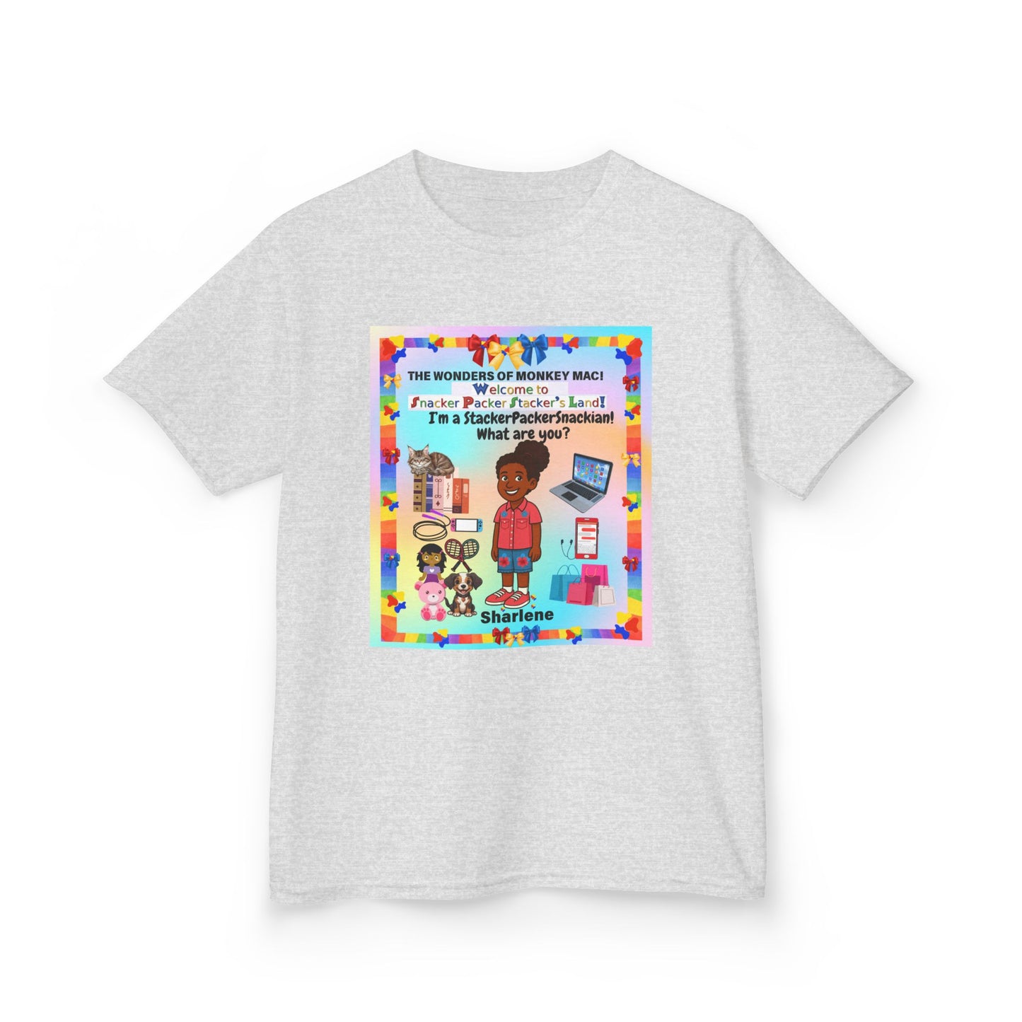 Youth Tee — "StackerPackerSnackman" Rainbow Travel & Adventure Kids T‑Shirt