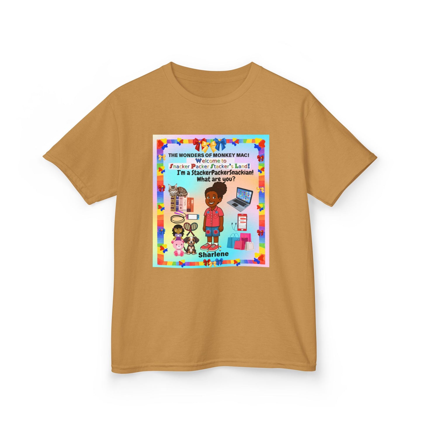 Youth Tee — "StackerPackerSnackman" Rainbow Travel & Adventure Kids T‑Shirt