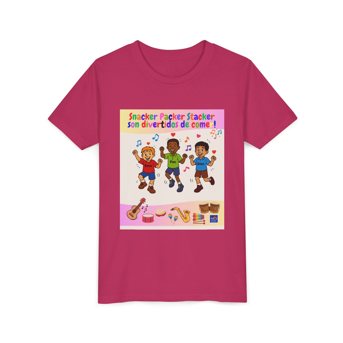 Youth Tee - (Spanish) – "Snacker Packer Stacker" Colorful Music & Dance Kids Shirt