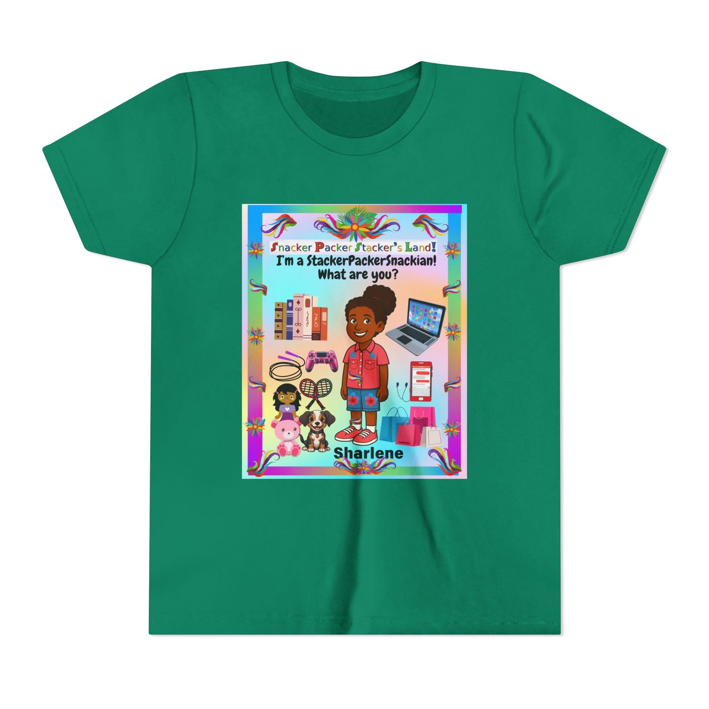 Youth Tee — "StackerPackerSnackman" Rainbow Travel & Adventure Kids T‑Shirt