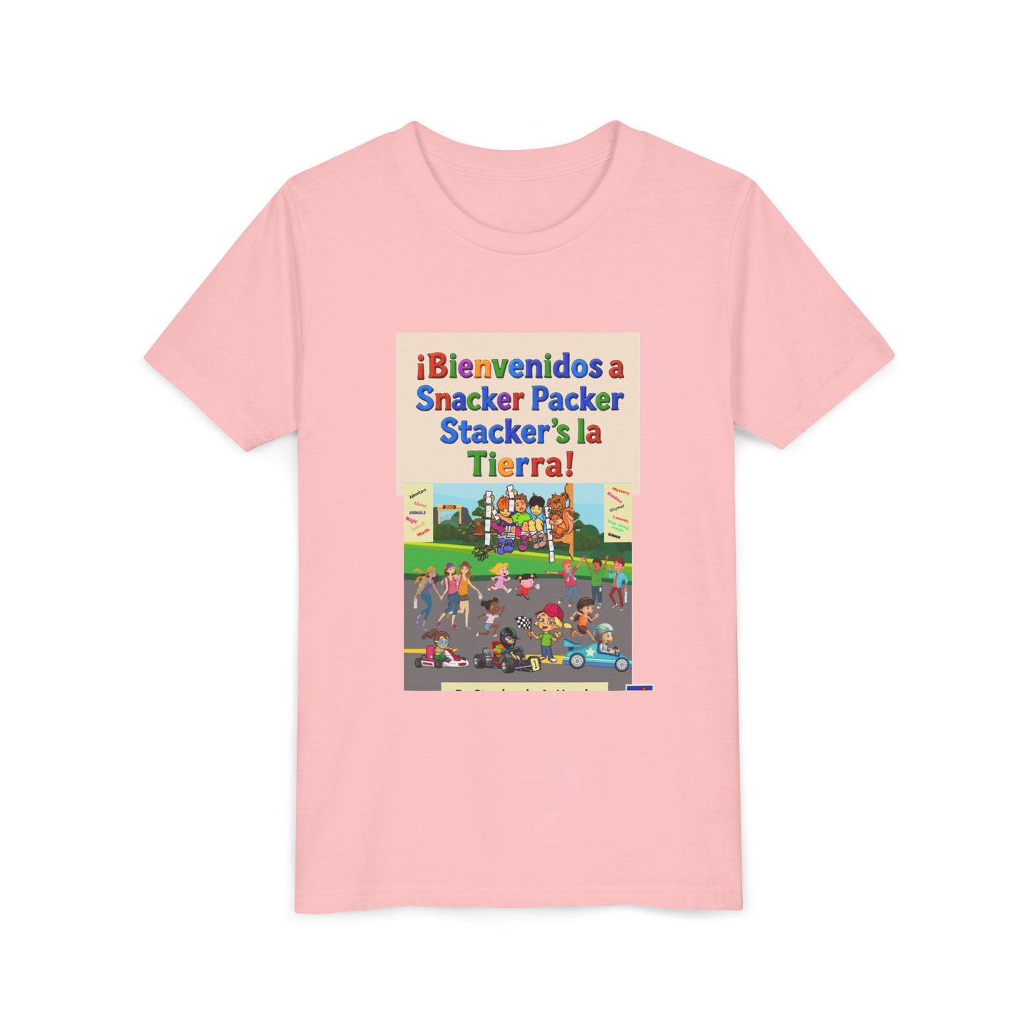 Youth Tee - (Spanish) "¡Bienvenidos a Snacker Packer Stacker's la Tierra!" Colorful Bilingual Kids Shirt
