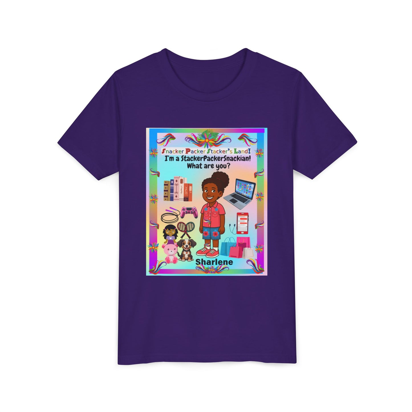 Youth Tee — "StackerPackerSnackman" Rainbow Travel & Adventure Kids T‑Shirt