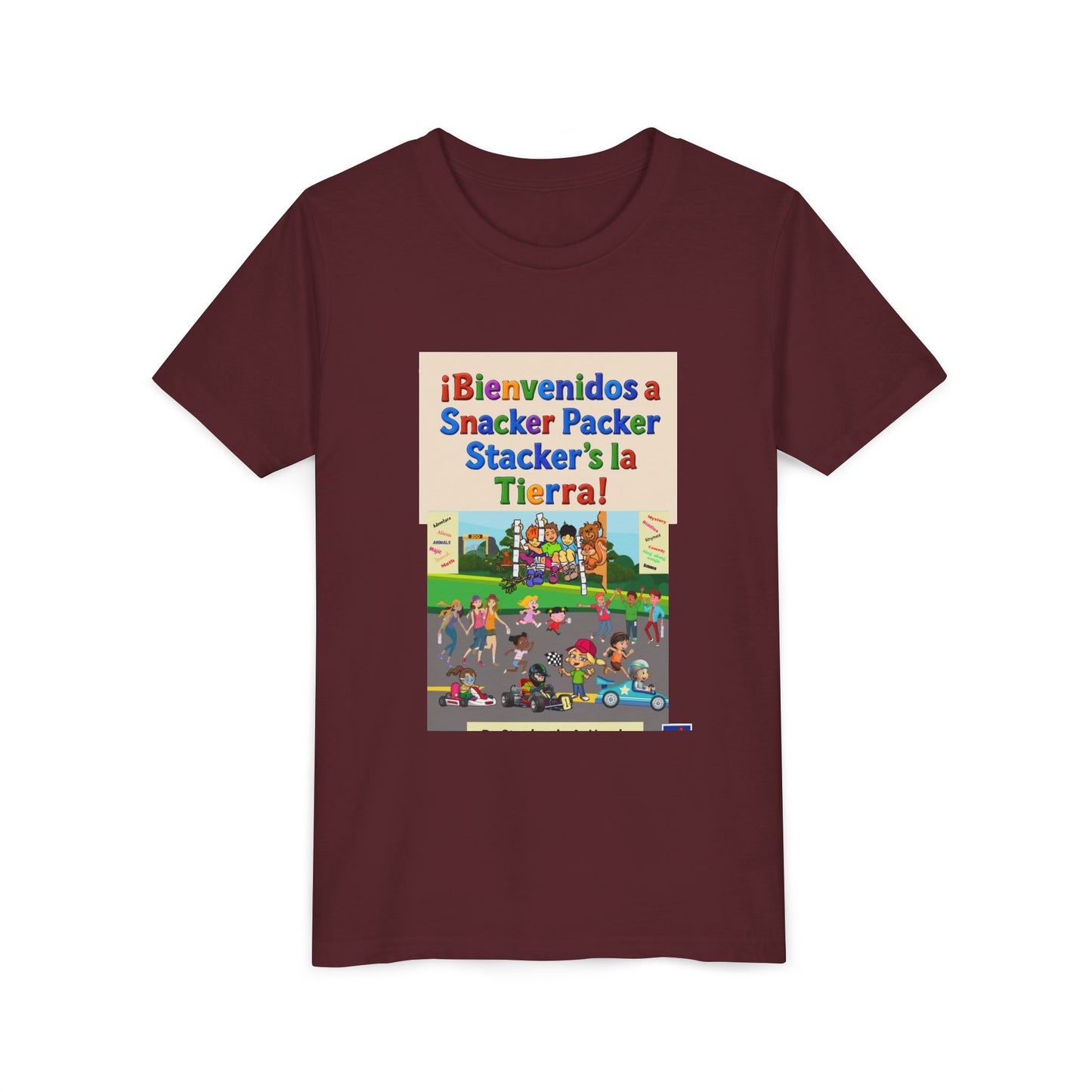Youth Tee - (Spanish) "¡Bienvenidos a Snacker Packer Stacker's la Tierra!" Colorful Bilingual Kids Shirt