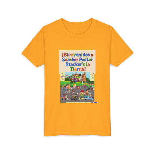 Youth Tee - (Spanish) "¡Bienvenidos a Snacker Packer Stacker's la Tierra!" Colorful Bilingual Kids Shirt