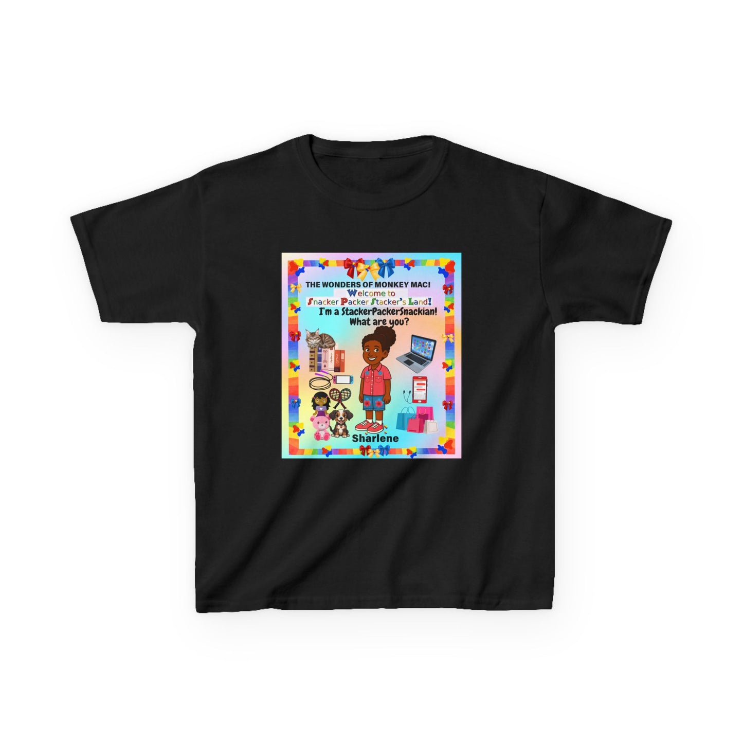 Youth Tee — "StackerPackerSnackman" Rainbow Travel & Adventure Kids T‑Shirt