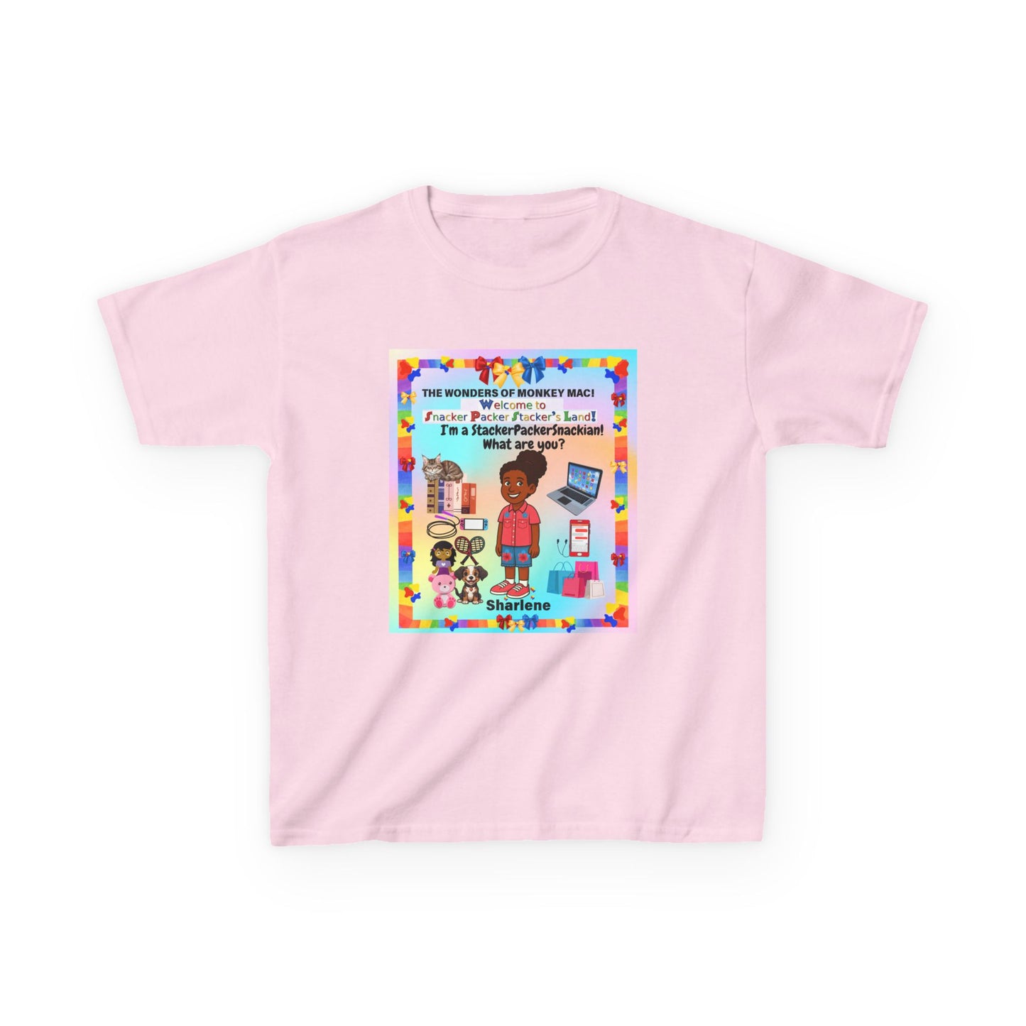 Youth Tee — "StackerPackerSnackman" Rainbow Travel & Adventure Kids T‑Shirt