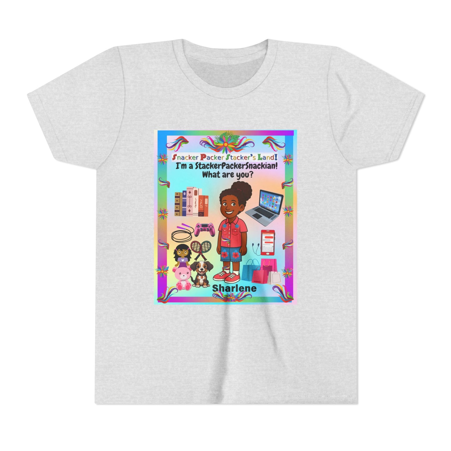 Youth Tee — "StackerPackerSnackman" Rainbow Travel & Adventure Kids T‑Shirt