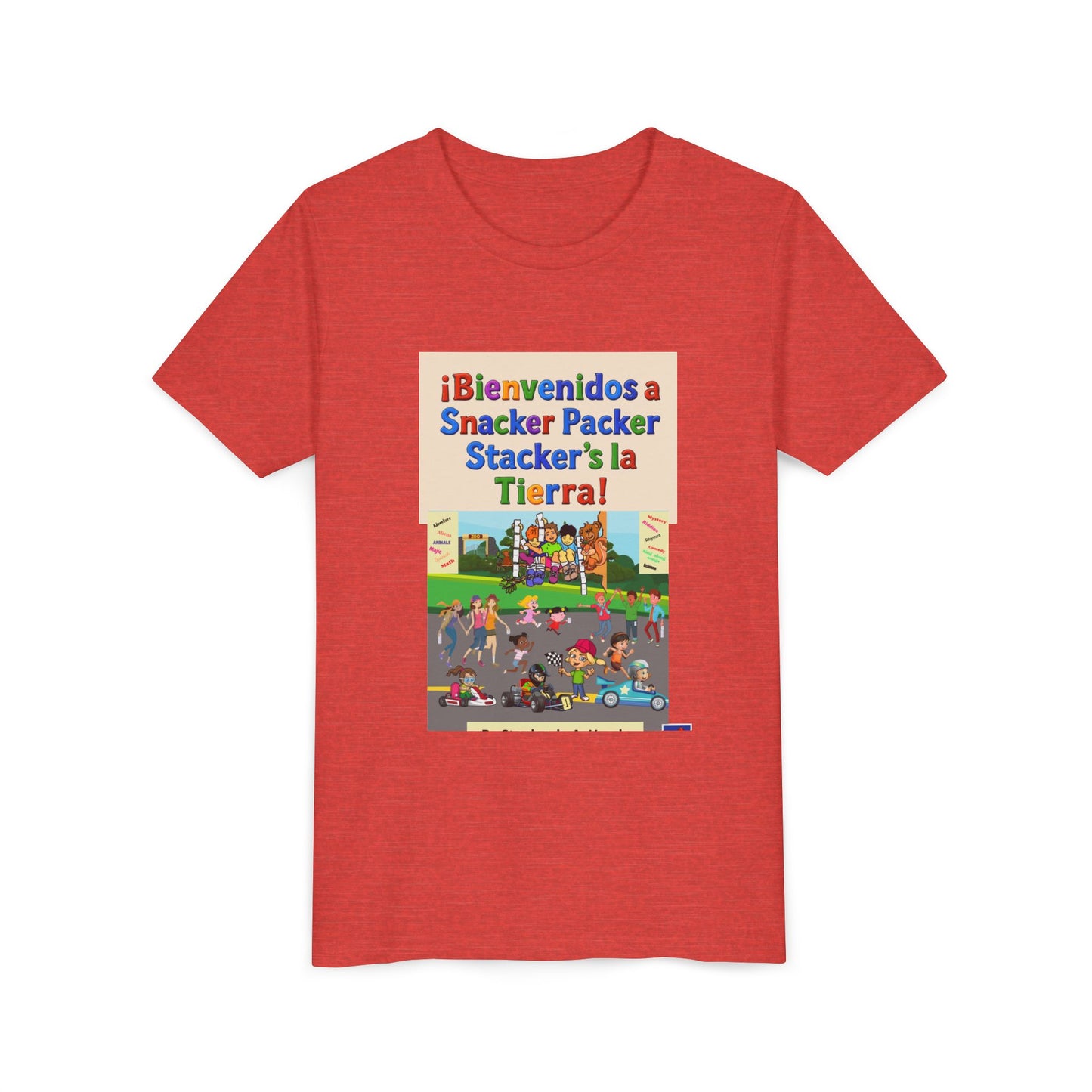 Youth Tee - (Spanish) "¡Bienvenidos a Snacker Packer Stacker's la Tierra!" Colorful Bilingual Kids Shirt
