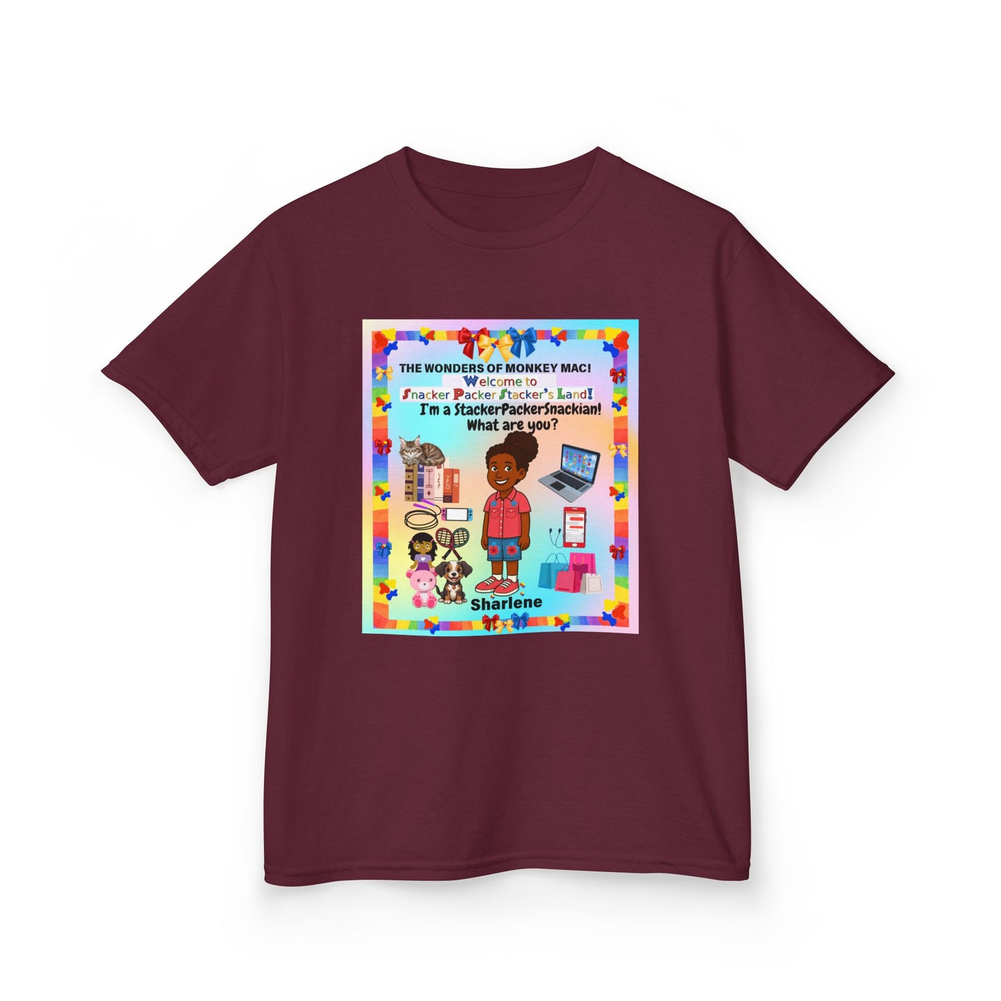 Youth Tee — "StackerPackerSnackman" Rainbow Travel & Adventure Kids T‑Shirt