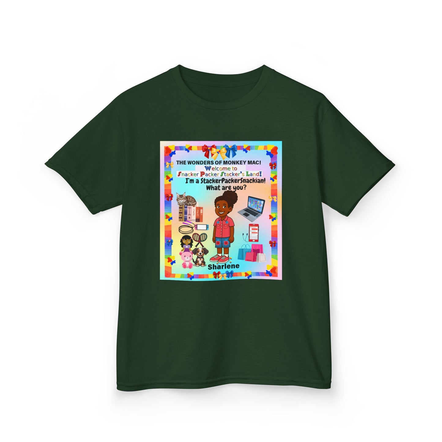 Youth Tee — "StackerPackerSnackman" Rainbow Travel & Adventure Kids T‑Shirt