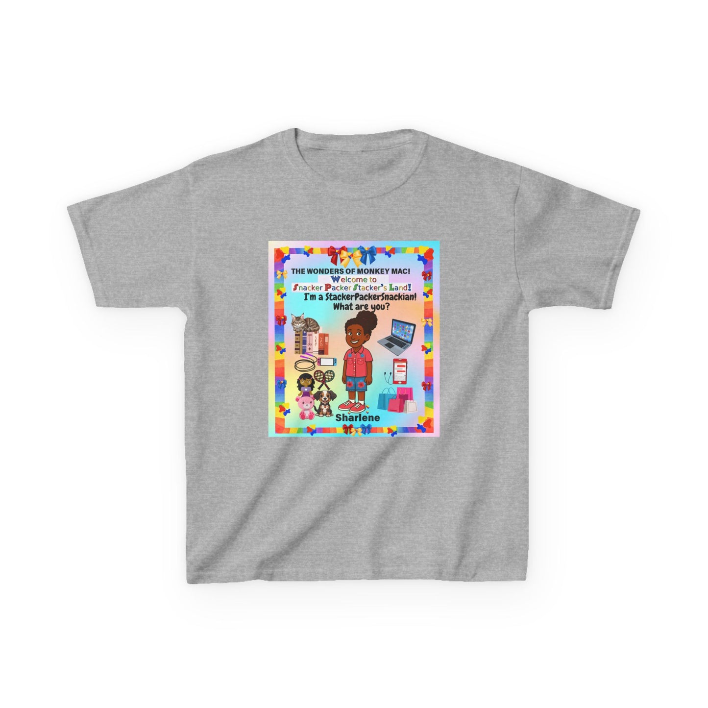 Youth Tee — "StackerPackerSnackman" Rainbow Travel & Adventure Kids T‑Shirt