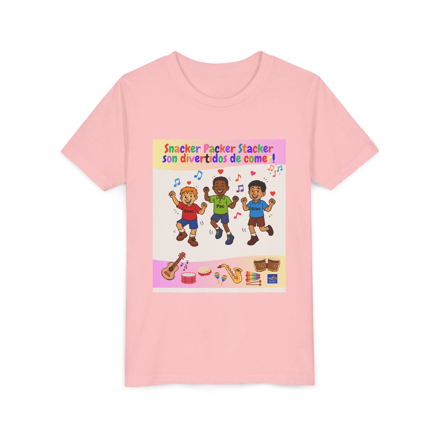 Youth Tee - (Spanish) – "Snacker Packer Stacker" Colorful Music & Dance Kids Shirt